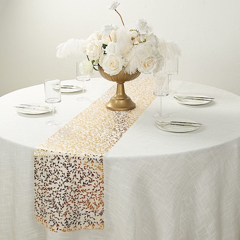 5 Organza Mesh Table Runner Rolls with Gold Foil Leaf Vines - White RUN_MET14_GOLD_PK
