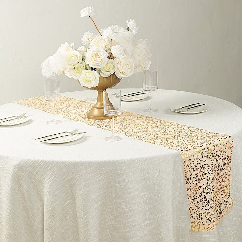 5 Organza Mesh Table Runner Rolls with Gold Foil Leaf Vines - White RUN_MET14_GOLD_PK