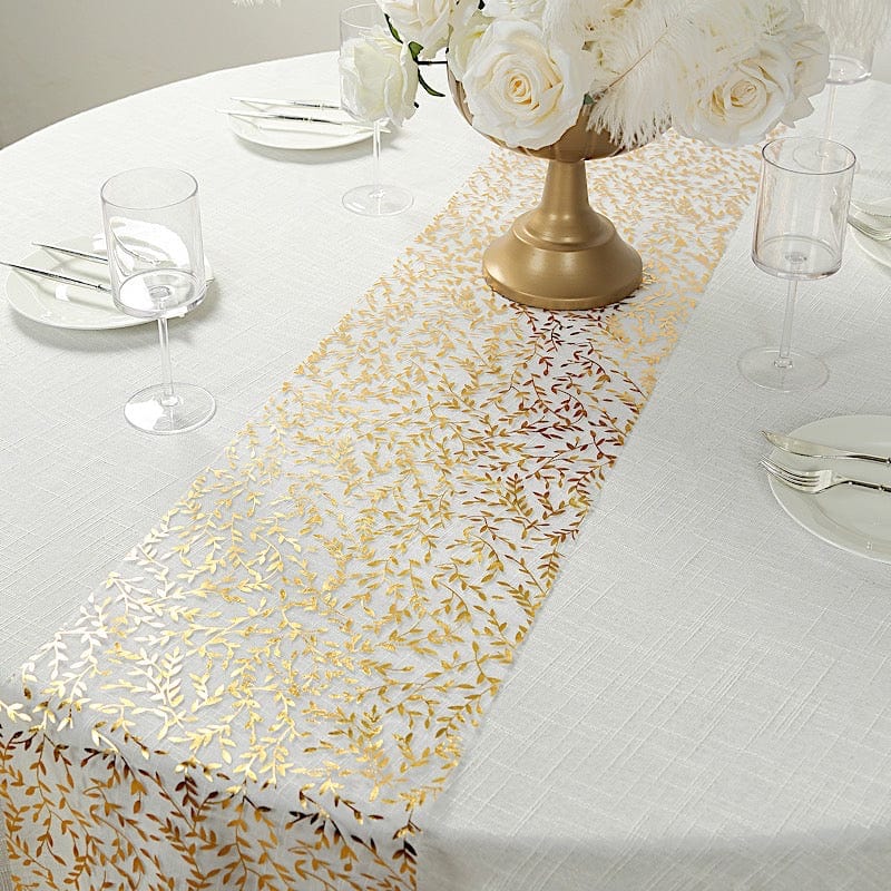 5 Organza Mesh Table Runner Rolls with Gold Foil Leaf Vines - White RUN_MET14_GOLD_PK