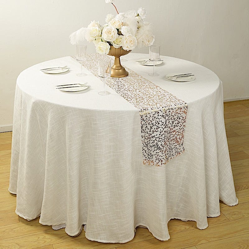 5 Organza Mesh Table Runner Rolls with Gold Foil Leaf Vines - White RUN_MET14_GOLD_PK