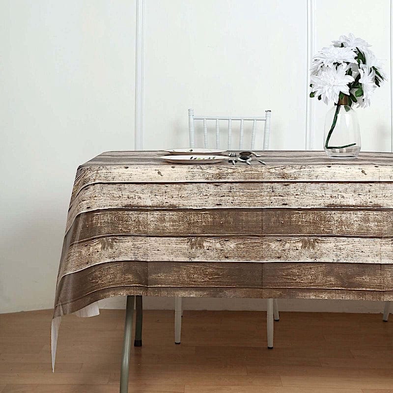 5 pack 52" x 108" Rectangular Disposable Plastic Tablecloth with Rustic Wooden Print - Charcoal Gray TAB_PVC_WOD01_108_GREY_PK
