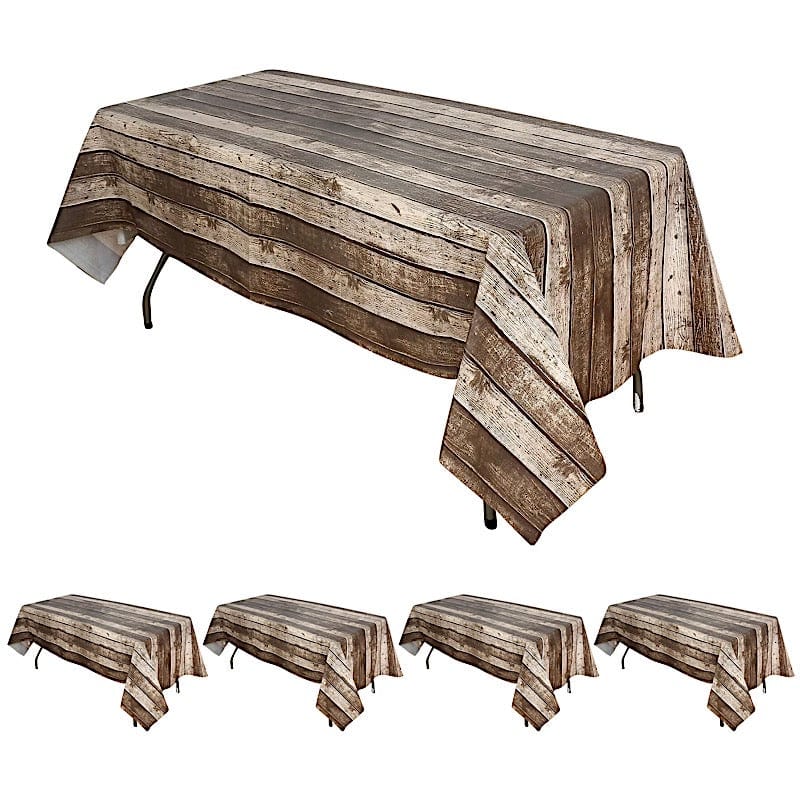 5 pack 52" x 108" Rectangular Disposable Plastic Tablecloth with Rustic Wooden Print - Charcoal Gray TAB_PVC_WOD01_108_GREY_PK