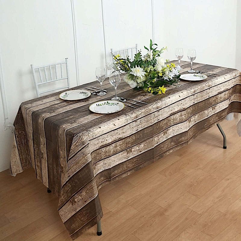 5 pack 52" x 108" Rectangular Disposable Plastic Tablecloth with Rustic Wooden Print - Charcoal Gray TAB_PVC_WOD01_108_GREY_PK