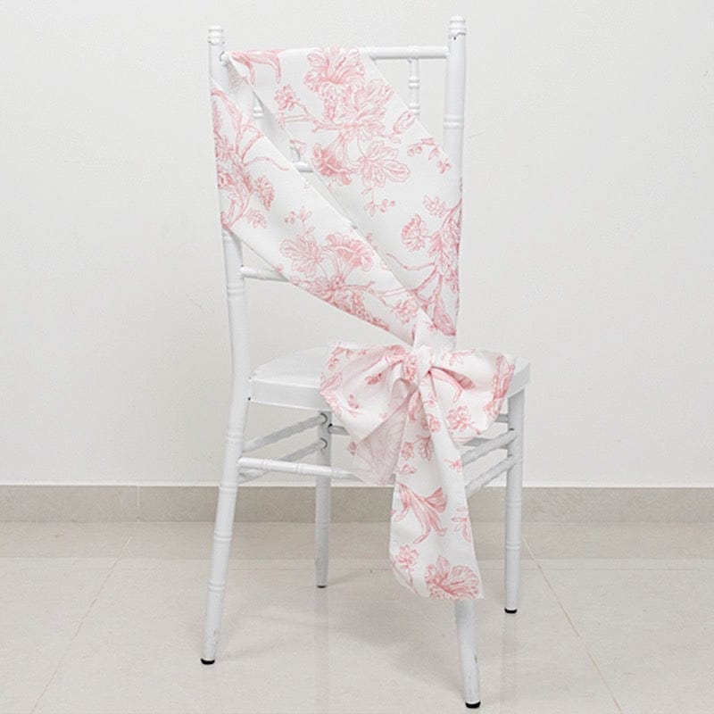 5 pcs 6" x 108" French Toile Floral Design Polyester Chair Sashes - White