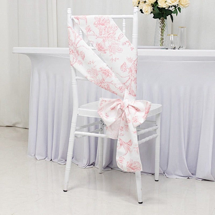 5 pcs 6" x 108" French Toile Floral Design Polyester Chair Sashes - White