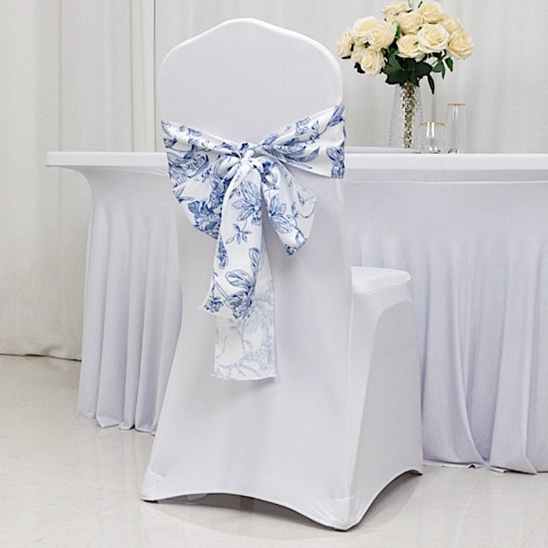 5 pcs 6" x 108" French Toile Floral Design Polyester Chair Sashes - White