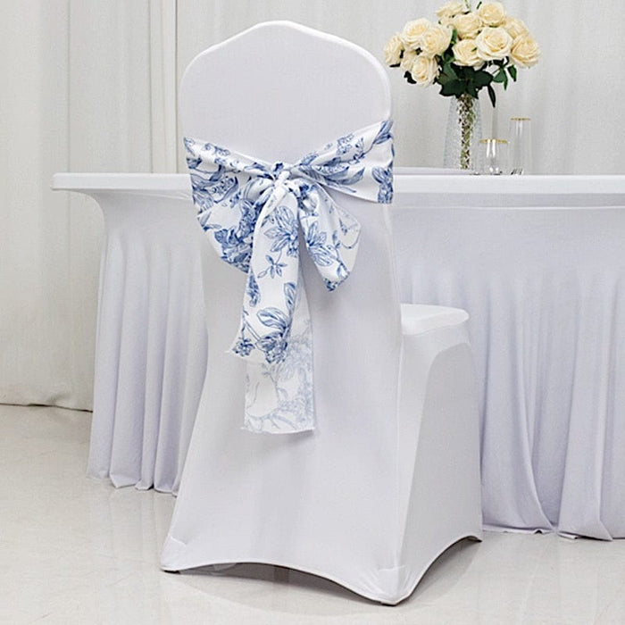 5 pcs 6" x 108" French Toile Floral Design Polyester Chair Sashes - White