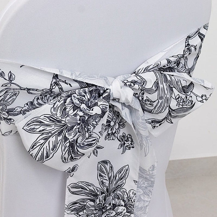 5 pcs 6" x 108" French Toile Floral Design Polyester Chair Sashes - White