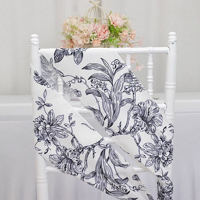 5 pcs 6" x 108" French Toile Floral Design Polyester Chair Sashes - White