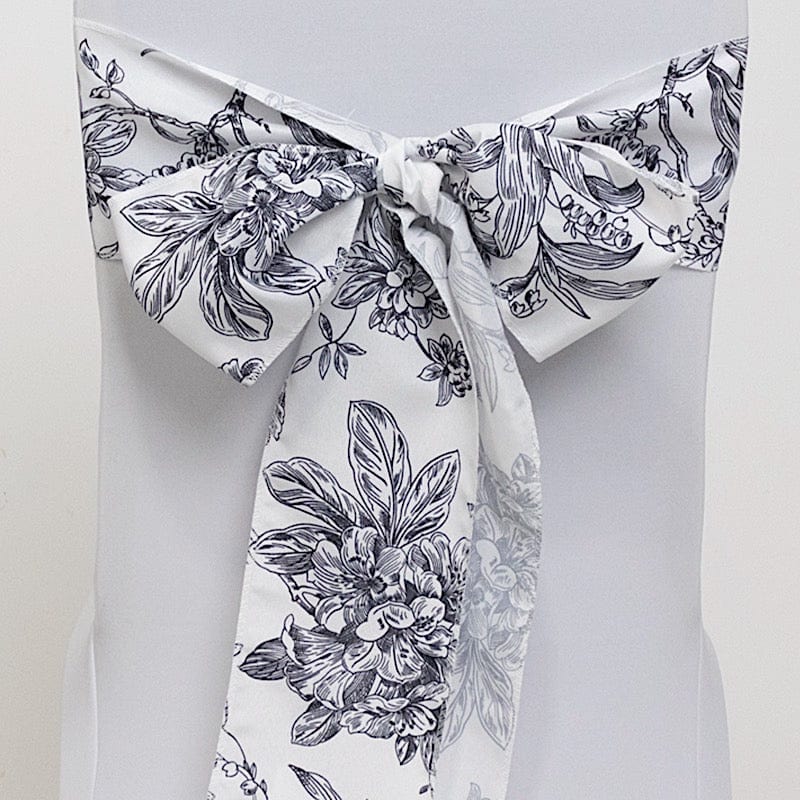 5 pcs 6" x 108" French Toile Floral Design Polyester Chair Sashes - White