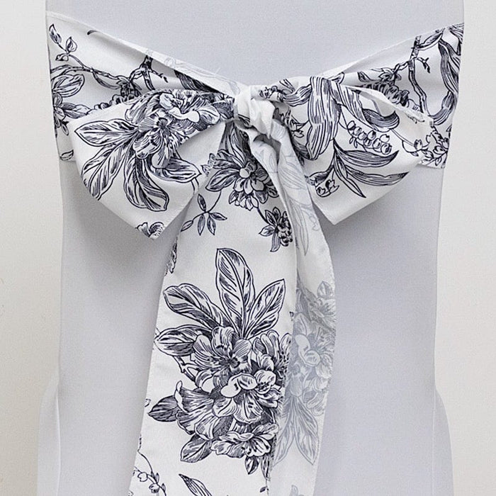 5 pcs 6" x 108" French Toile Floral Design Polyester Chair Sashes - White