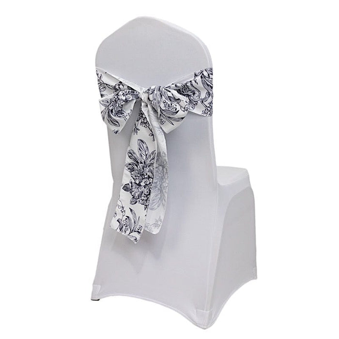 5 pcs 6" x 108" French Toile Floral Design Polyester Chair Sashes - White SASH_PLY_FLORFT_BLK