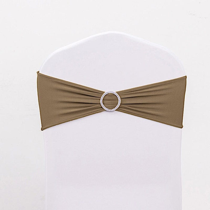 5 pcs Spandex Chair Sashes with Silver Round Buckle Brooches SASHP_SPX03_TAUP