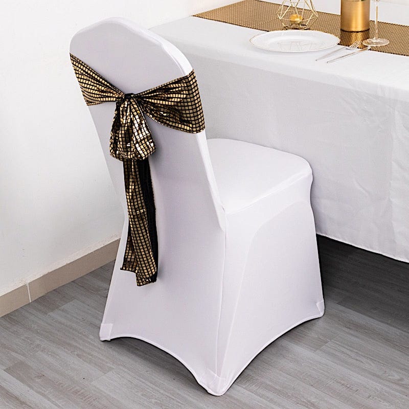 5 Polyester Chair Sashes with Mirror Foil Design - Black and Gold SASH_25A_BLKGD