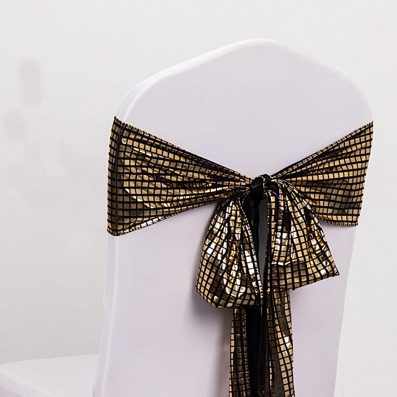 5 Polyester Chair Sashes with Mirror Foil Design - Black and Gold SASH_25A_BLKGD