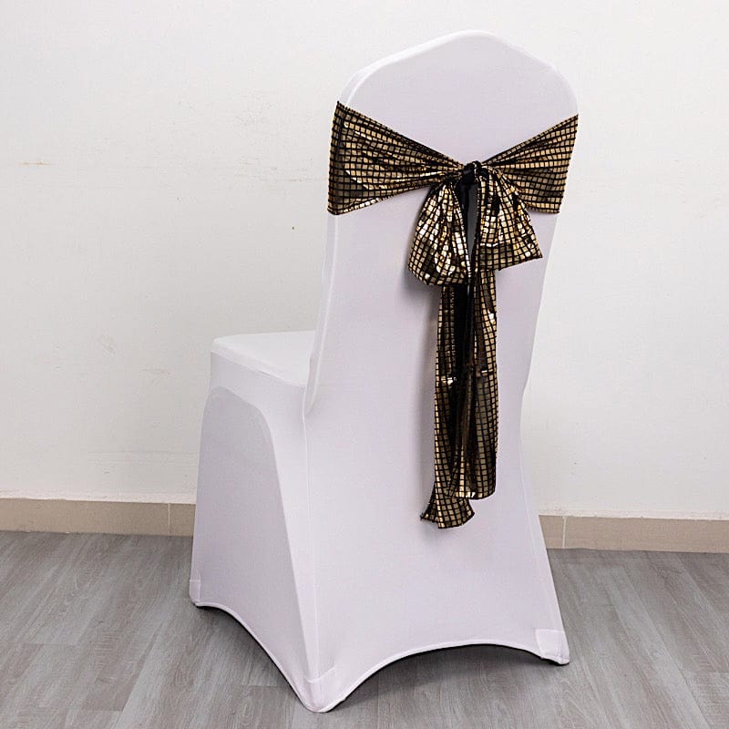 5 Polyester Chair Sashes with Mirror Foil Design - Black and Gold SASH_25A_BLKGD