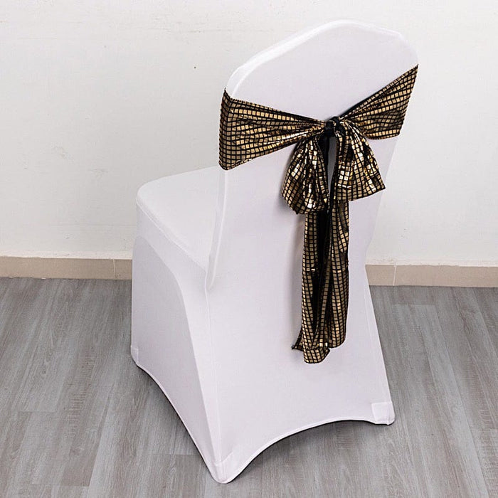 5 Polyester Chair Sashes with Mirror Foil Design - Black and Gold SASH_25A_BLKGD