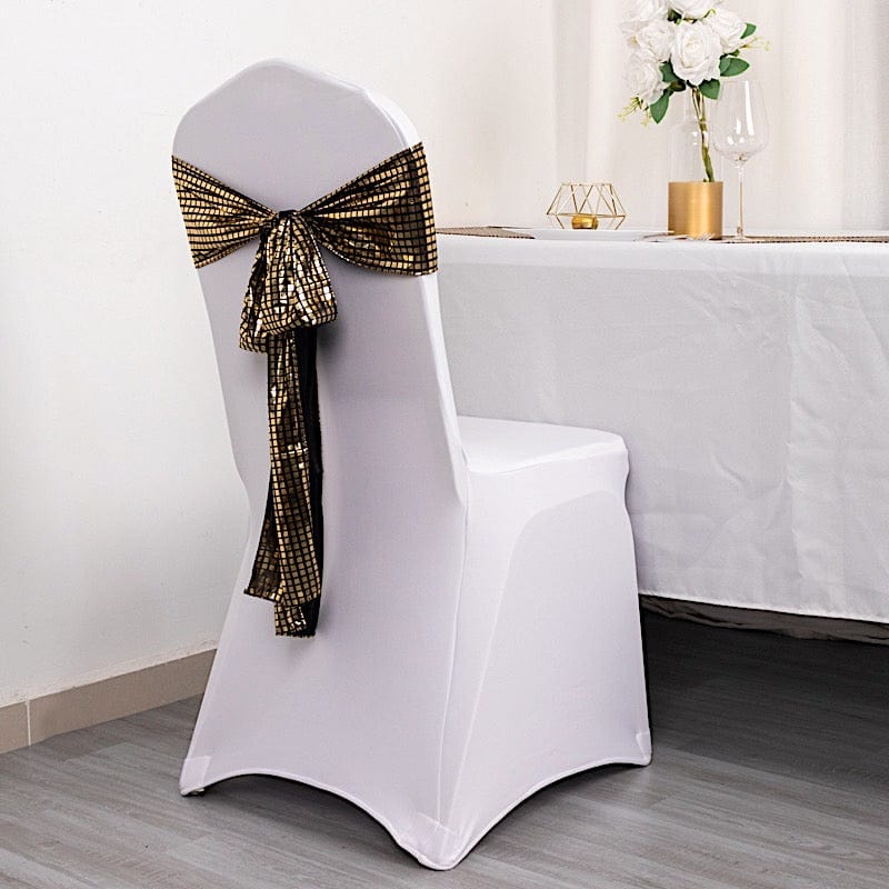 5 Polyester Chair Sashes with Mirror Foil Design - Black and Gold SASH_25A_BLKGD