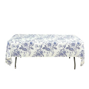 5 Rectangular 54" x 108" Plastic PVC Waterproof Disposable Tablecloths with French Toile Pattern Print - White with Blue TAB_PVC_FLOR023_108_BLUE_PK