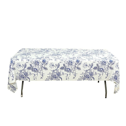 5 Rectangular 54" x 108" Plastic PVC Waterproof Disposable Tablecloths with French Toile Pattern Print - White with Blue TAB_PVC_FLOR023_108_BLUE_PK