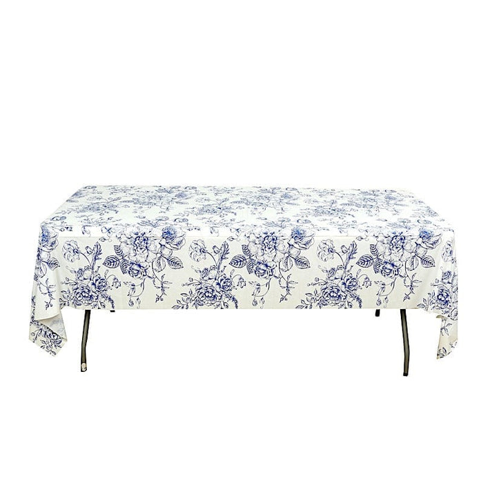 5 Rectangular 54" x 108" Plastic PVC Waterproof Disposable Tablecloths with French Toile Pattern Print - White with Blue TAB_PVC_FLOR023_108_BLUE_PK