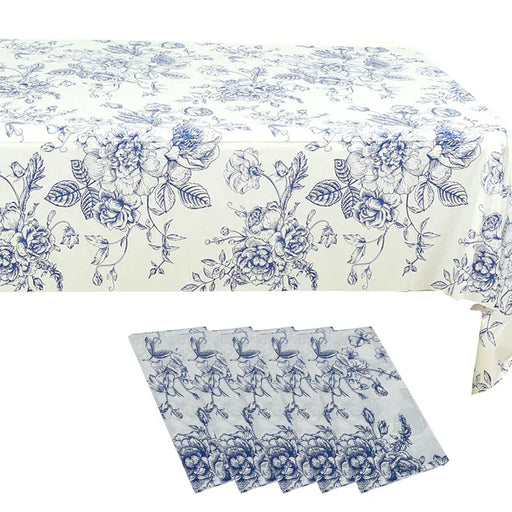 5 Rectangular 54" x 108" Plastic PVC Waterproof Disposable Tablecloths with French Toile Pattern Print - White with Blue TAB_PVC_FLOR023_108_BLUE_PK