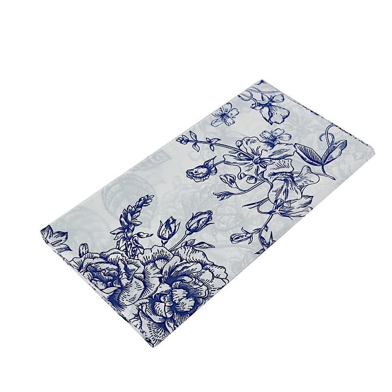 5 Rectangular 54" x 108" Plastic PVC Waterproof Disposable Tablecloths with French Toile Pattern Print - White with Blue TAB_PVC_FLOR023_108_BLUE_PK