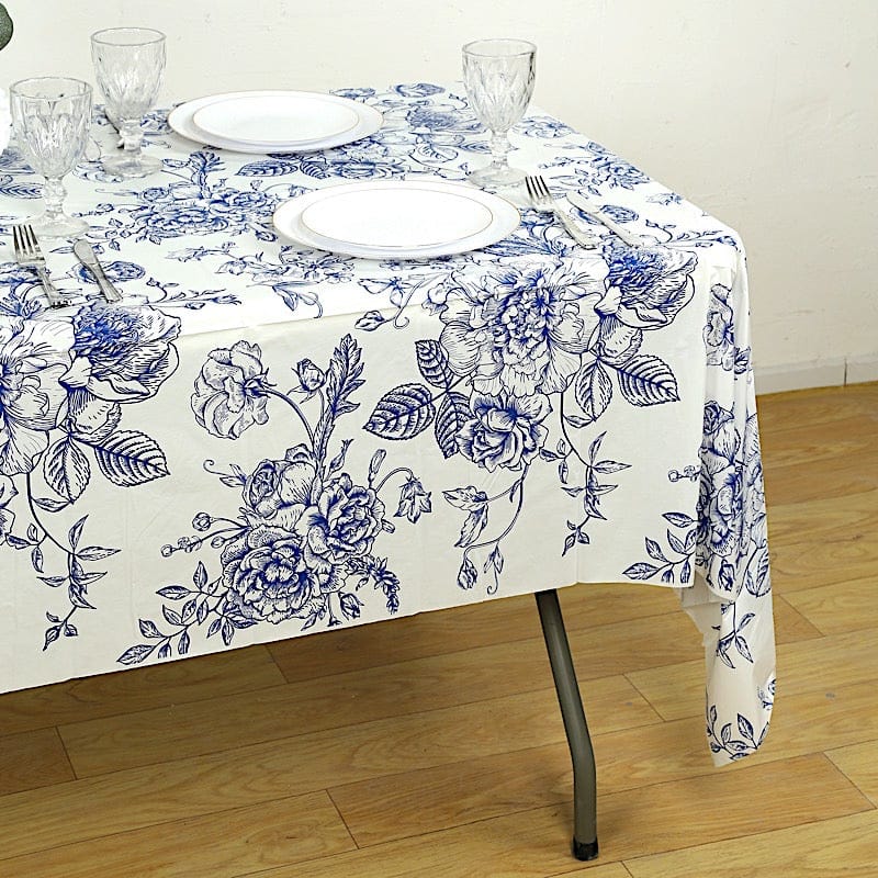 5 Rectangular 54" x 108" Plastic PVC Waterproof Disposable Tablecloths with French Toile Pattern Print - White with Blue TAB_PVC_FLOR023_108_BLUE_PK