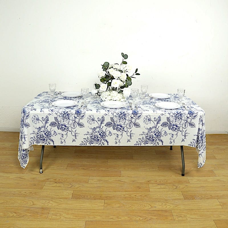 5 Rectangular 54" x 108" Plastic PVC Waterproof Disposable Tablecloths with French Toile Pattern Print - White with Blue TAB_PVC_FLOR023_108_BLUE_PK
