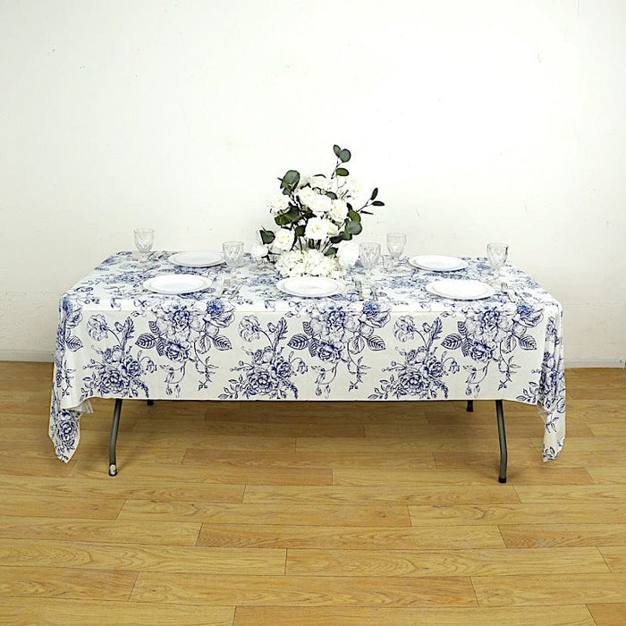 5 Rectangular 54" x 108" Plastic PVC Waterproof Disposable Tablecloths with French Toile Pattern Print - White with Blue TAB_PVC_FLOR023_108_BLUE_PK