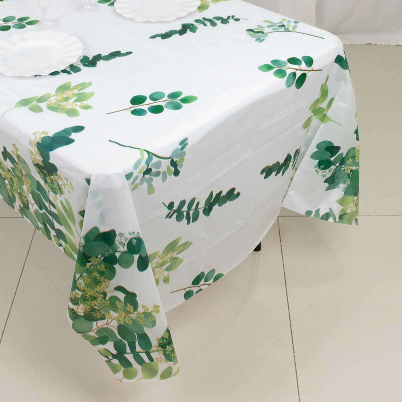 5 Rectangular 54" x 108" Plastic Tablecloths Eucalyptus Leaves Print - White and Green TAB_PVC_FLOR01_108_GRN_PK