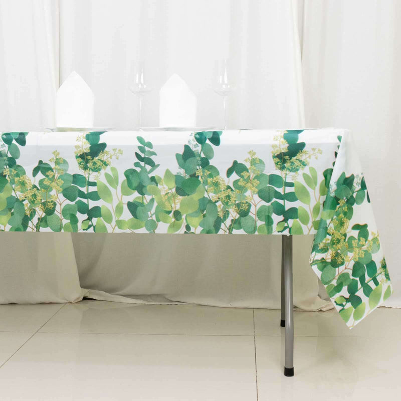 5 Rectangular 54" x 108" Plastic Tablecloths Eucalyptus Leaves Print - White and Green TAB_PVC_FLOR01_108_GRN_PK