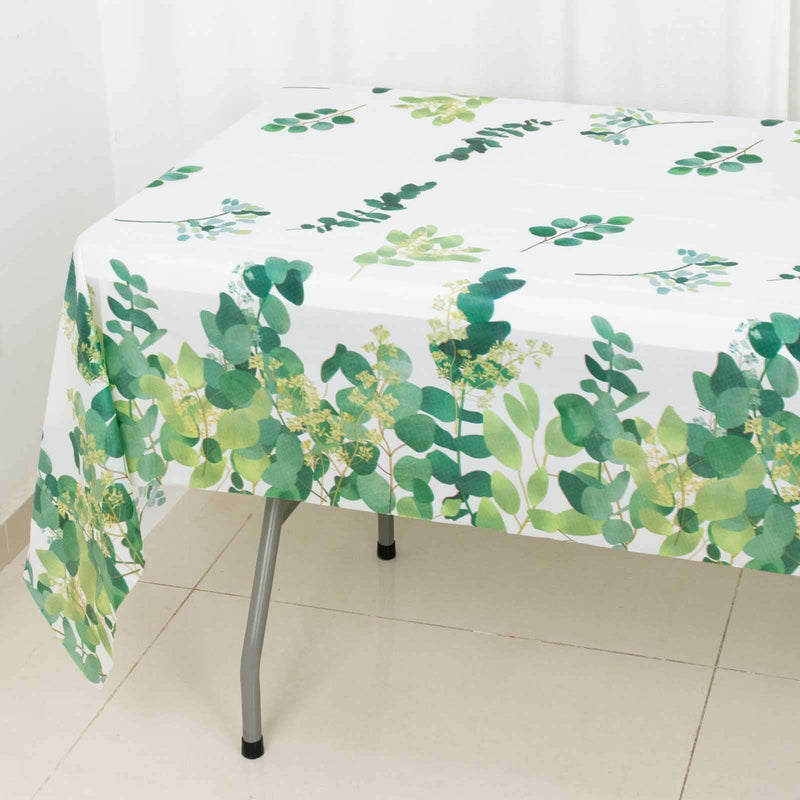 5 Rectangular 54" x 108" Plastic Tablecloths Eucalyptus Leaves Print - White and Green TAB_PVC_FLOR01_108_GRN_PK