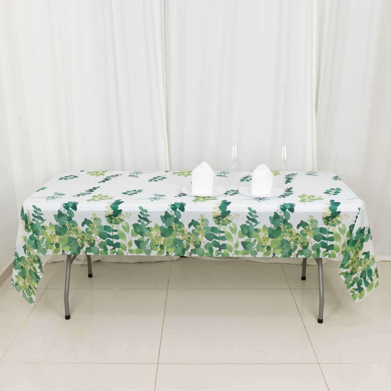 5 Rectangular 54" x 108" Plastic Tablecloths Eucalyptus Leaves Print - White and Green TAB_PVC_FLOR01_108_GRN_PK