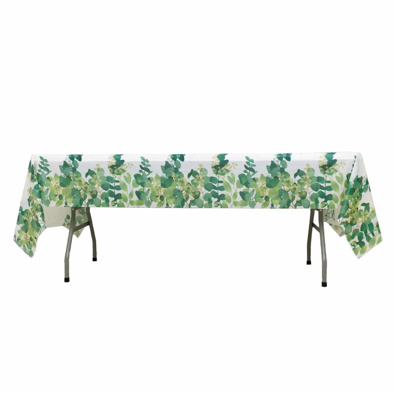 5 Rectangular 54" x 108" Plastic Tablecloths Eucalyptus Leaves Print - White and Green TAB_PVC_FLOR01_108_GRN_PK