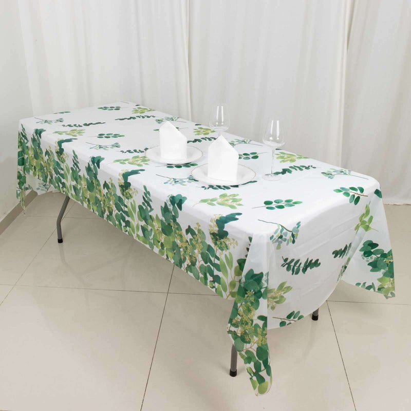 5 Rectangular 54" x 108" Plastic Tablecloths Eucalyptus Leaves Print - White and Green TAB_PVC_FLOR01_108_GRN_PK