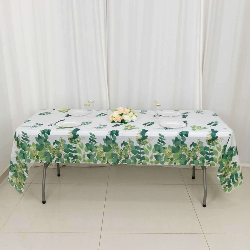 5 Rectangular 54" x 108" Plastic Tablecloths Eucalyptus Leaves Print - White and Green TAB_PVC_FLOR01_108_GRN_PK