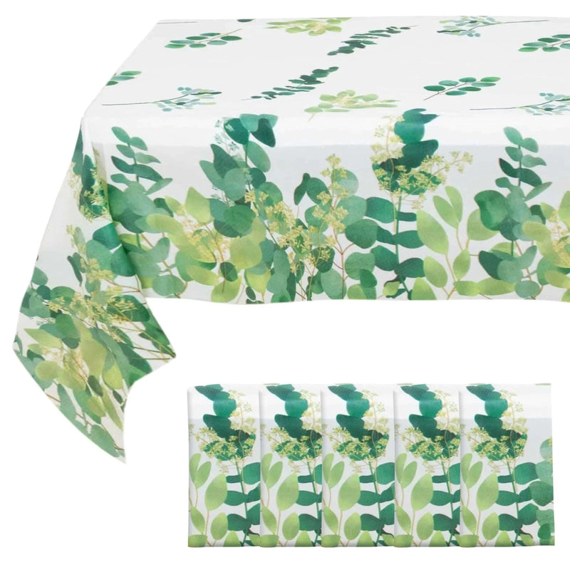 5 Rectangular 54" x 108" Plastic Tablecloths Eucalyptus Leaves Print - White and Green TAB_PVC_FLOR01_108_GRN_PK