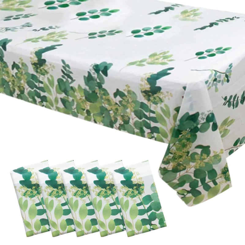 5 Rectangular 54" x 108" Plastic Tablecloths Eucalyptus Leaves Print - White and Green TAB_PVC_FLOR01_108_GRN_PK