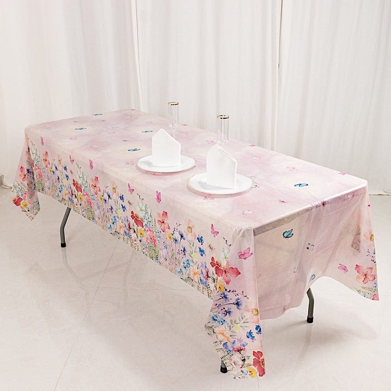 5 Rectangular 54" x 108" Plastic Tablecloths with Butterfly Floral Print - Blush TAB_PVC_BUT01_108_046_PK