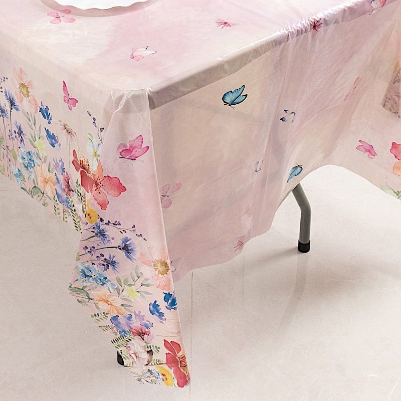 5 Rectangular 54" x 108" Plastic Tablecloths with Butterfly Floral Print - Blush TAB_PVC_BUT01_108_046_PK