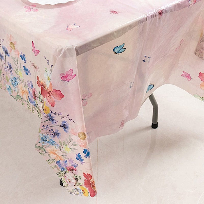 5 Rectangular 54" x 108" Plastic Tablecloths with Butterfly Floral Print - Blush TAB_PVC_BUT01_108_046_PK