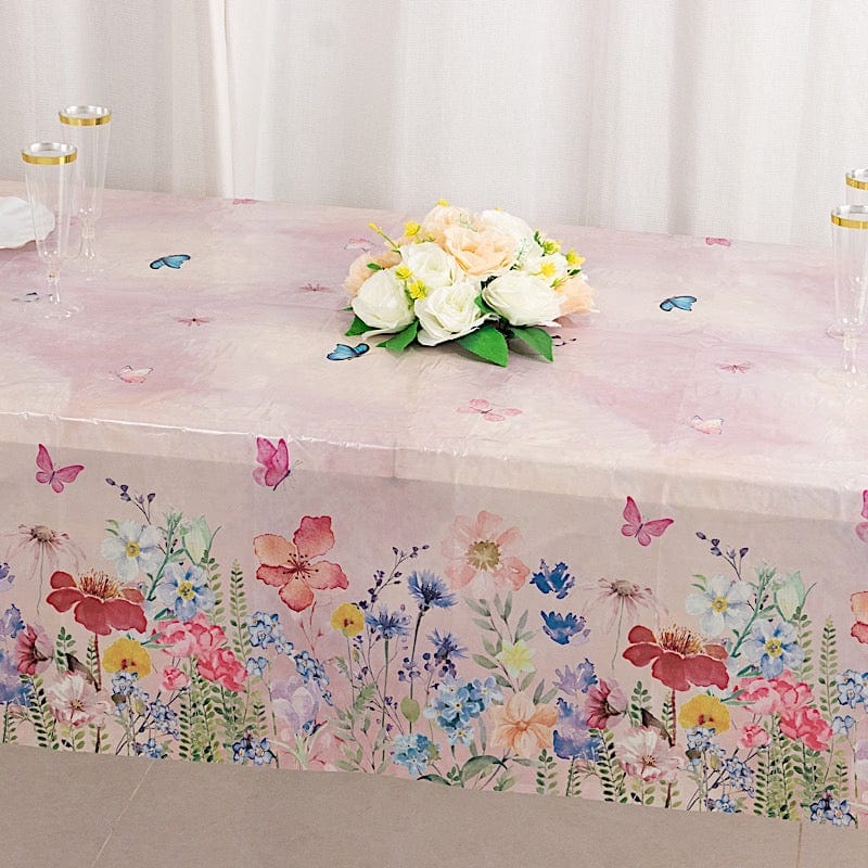 5 Rectangular 54" x 108" Plastic Tablecloths with Butterfly Floral Print - Blush TAB_PVC_BUT01_108_046_PK