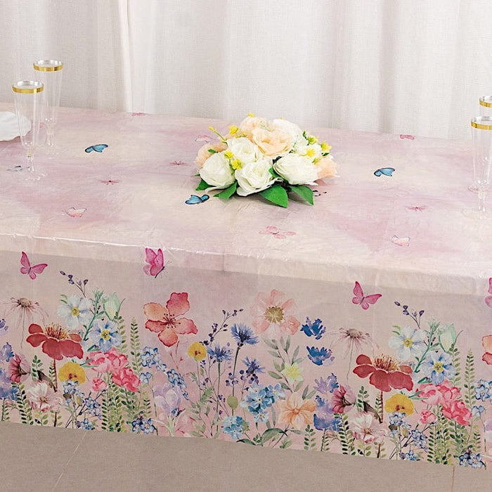 5 Rectangular 54" x 108" Plastic Tablecloths with Butterfly Floral Print - Blush TAB_PVC_BUT01_108_046_PK