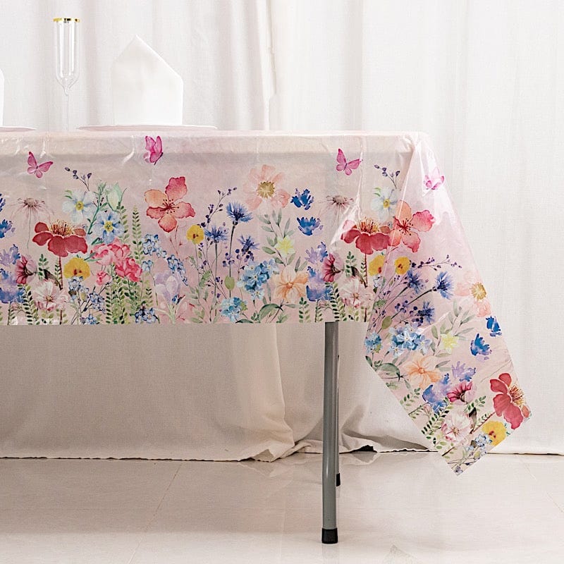 5 Rectangular 54" x 108" Plastic Tablecloths with Butterfly Floral Print - Blush TAB_PVC_BUT01_108_046_PK