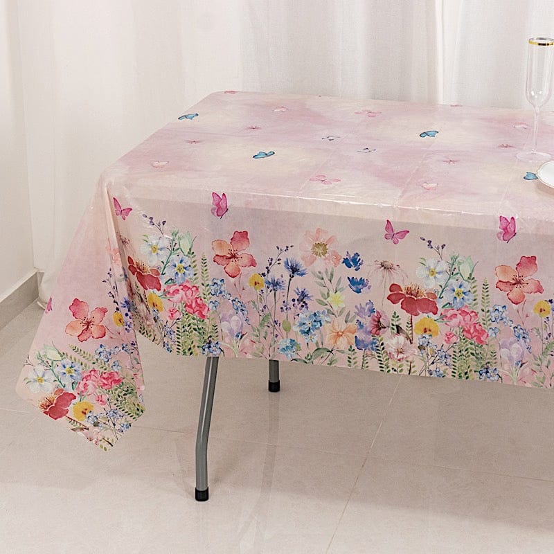 5 Rectangular 54" x 108" Plastic Tablecloths with Butterfly Floral Print - Blush TAB_PVC_BUT01_108_046_PK