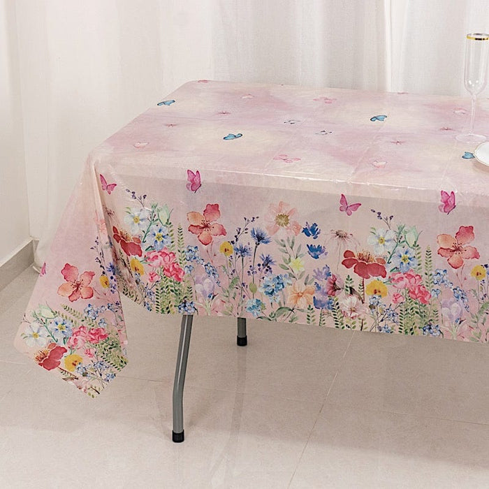5 Rectangular 54" x 108" Plastic Tablecloths with Butterfly Floral Print - Blush TAB_PVC_BUT01_108_046_PK