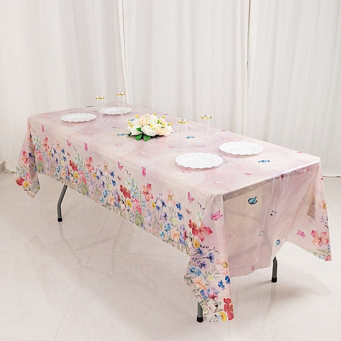 5 Rectangular 54" x 108" Plastic Tablecloths with Butterfly Floral Print - Blush TAB_PVC_BUT01_108_046_PK