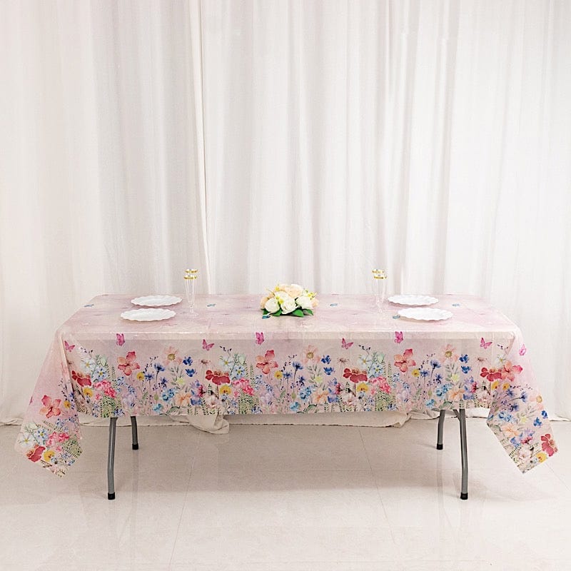 5 Rectangular 54" x 108" Plastic Tablecloths with Butterfly Floral Print - Blush TAB_PVC_BUT01_108_046_PK
