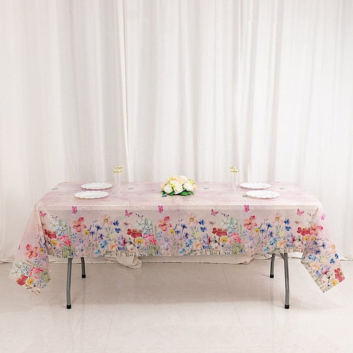 5 Rectangular 54" x 108" Plastic Tablecloths with Butterfly Floral Print - Blush TAB_PVC_BUT01_108_046_PK